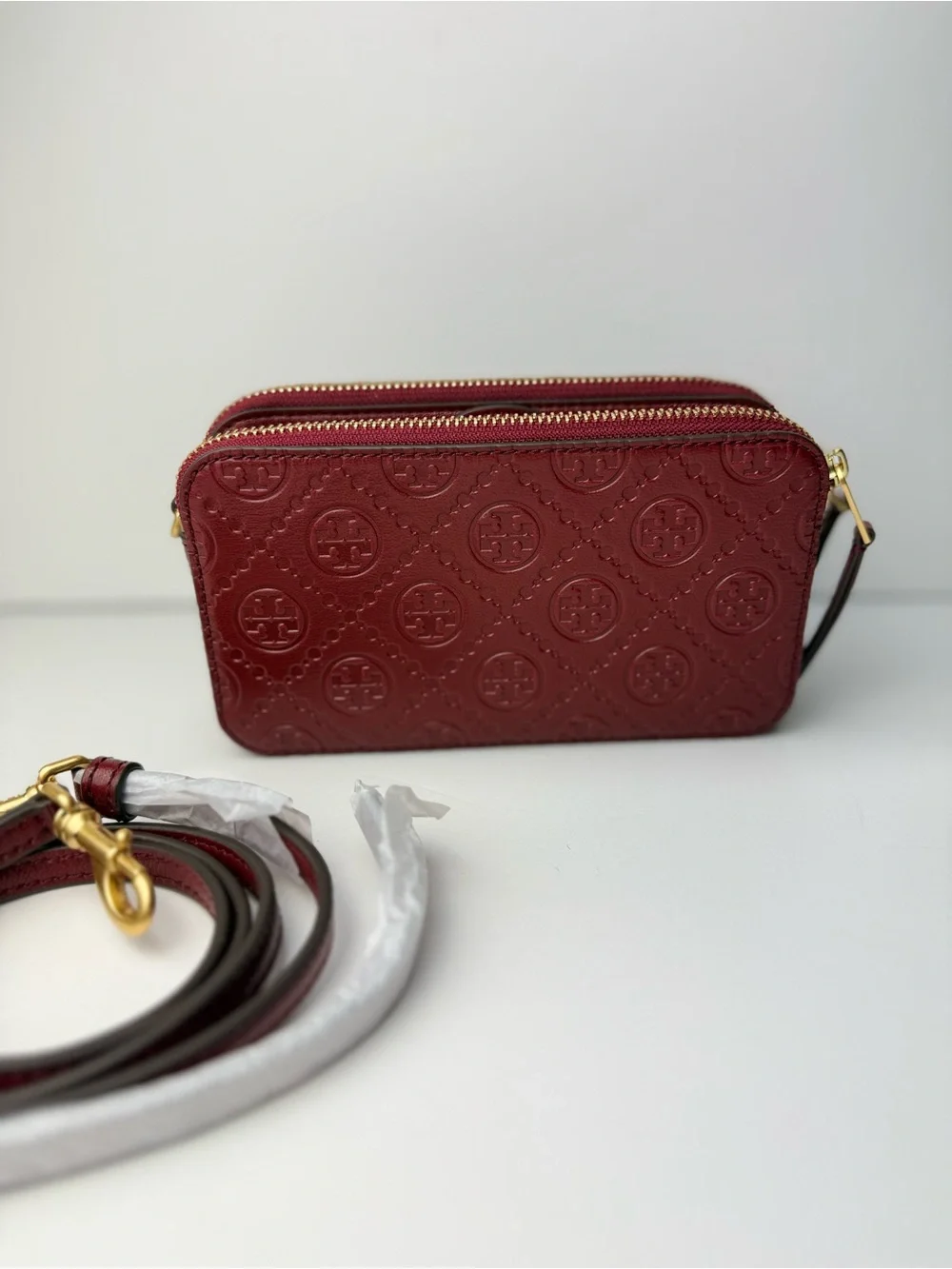 Tory Burch T Monogram Leather Double-Zip Mini Bag Juneberry Red Gold Hardware